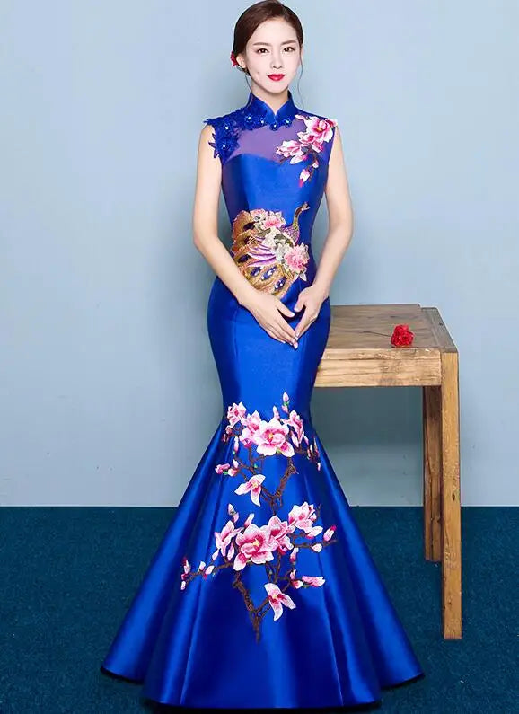 Mermaid Tail Asian style Short Sleeve Fashion Red Embroidery Bride Wedding Qipao Long Cheongsam Chinese Traditional Dress Retro - Seprincess