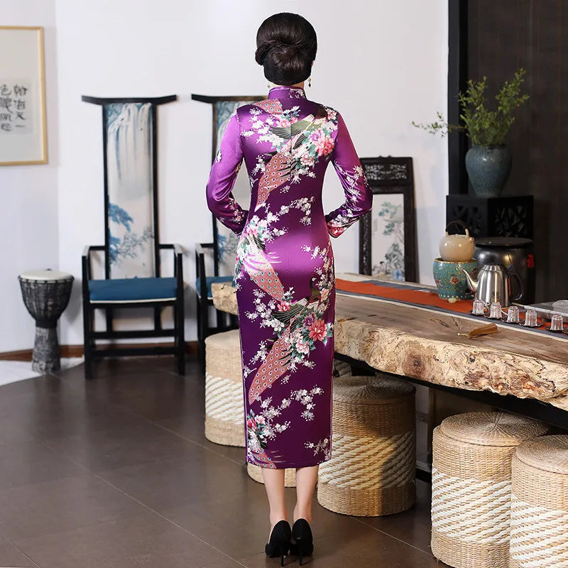 Spring Autumn New Cheongsam Chinese Women Flower&Peacock Qipao Long Sleeve Vestidos Vintage Female Evening Wedding Dress S-3XL