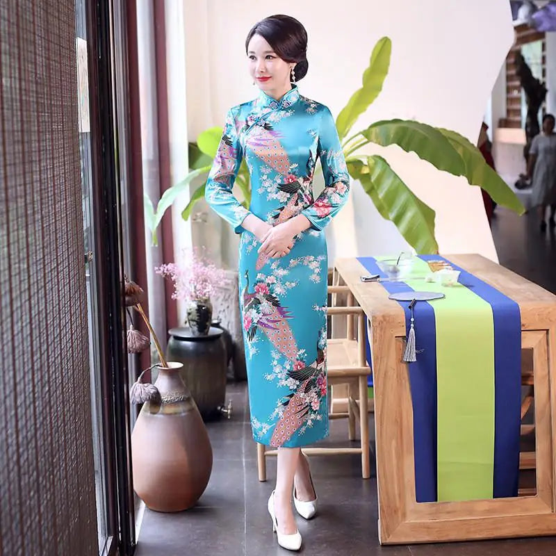 Spring Autumn New Cheongsam Chinese Women Flower&Peacock Qipao Long Sleeve Vestidos Vintage Female Evening Wedding Dress S-3XL