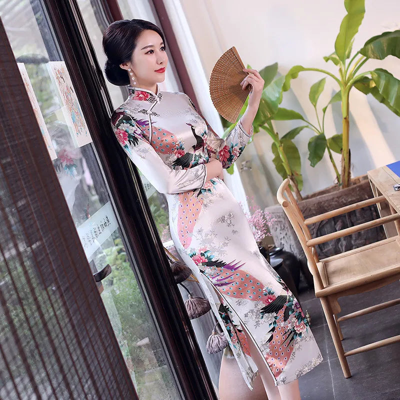 Spring Autumn New Cheongsam Chinese Women Flower&Peacock Qipao Long Sleeve Vestidos Vintage Female Evening Wedding Dress S-3XL - Seprincess