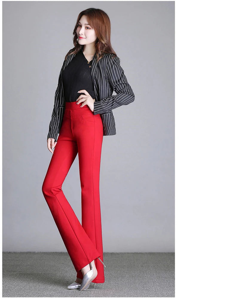 New Women's Autumn Spring Tight Flare Pants Red High Waist  Blue Elastic Band Trousers Fashion Casual Stretch Pants 6XL