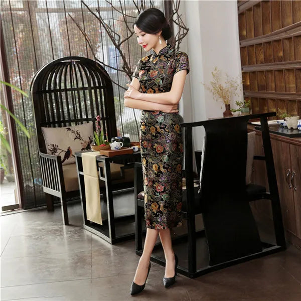 High Quality Gold Sexy Satin Mandarin Collar National Tight Cheongsam Short Sleeve Novelty Print  Long Dress S-3XL C0002 - Seprincess