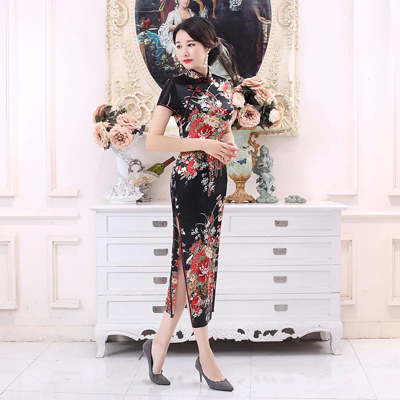 Plus Size 6XL Chinese Women Cheongsam Lady Qipao BLACK Print Flower Long Dress Bride Wedding Dresses Elegant Gown Vestidos - Seprincess