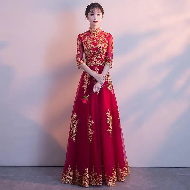 Novelty Chinese Female Long Qipao Marriage Clothes RED Oriental Bride Wedding Dress Elegant Slim Mandarin Collar Cheongsam