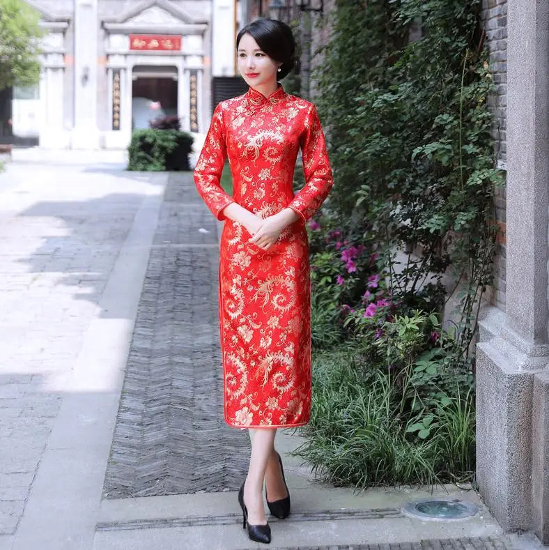 Elegant Red Wedding Dress Traditional Chinese Women Satin Sleeveless Cheongsam Vintage Long Dresses Sexy Slim Qipao Vestidos - Seprincess