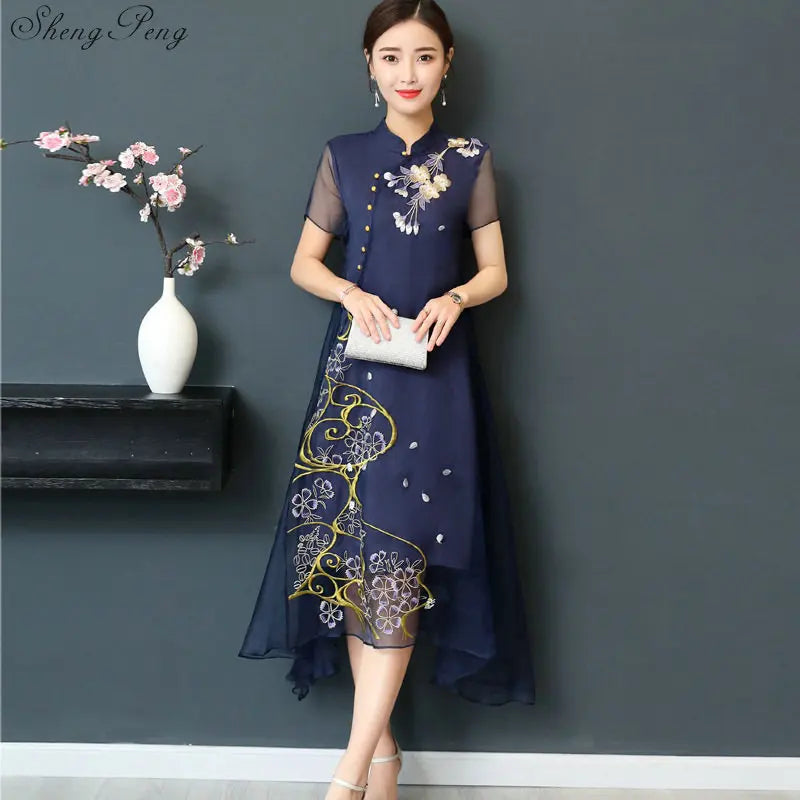 New Qipao Long Cheongsams Dress Chinese Traditional Dress Summer Flowers Vintage Dress Oriental Robes V922 - Seprincess