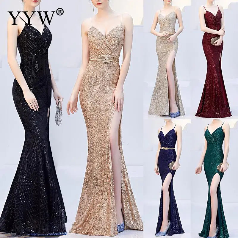 Sexy Sequined Evening Dress Robe De Soiree 2021 V-Neck Sleeveless Backless Mermaid Long Robe Side Slit Off Shoulder Party Dress - Seprincess