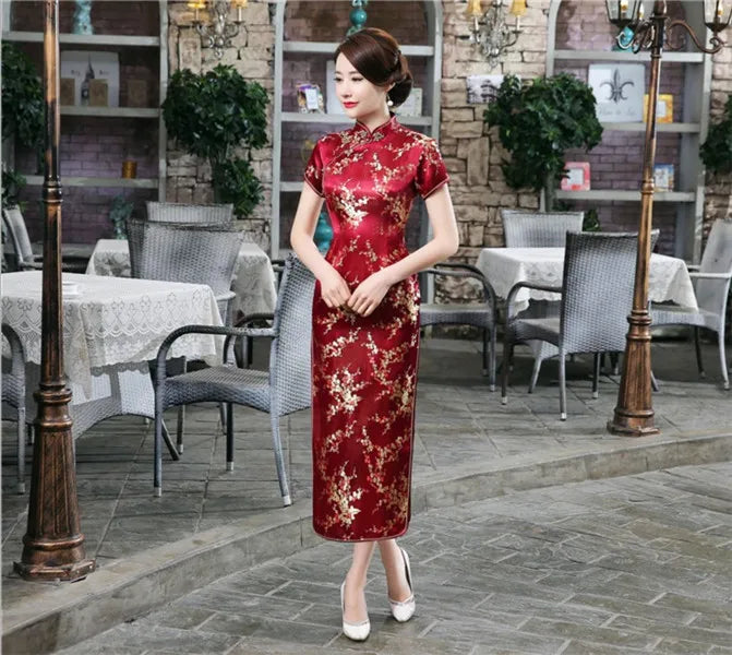 Red Chinese Women Dress Vintage Satin Qipao Sexy Long Slim Cheongsam Hot Sale Flower Dress Size S M XL XXL 3X4XL 5XL 6XL JA13 - Seprincess