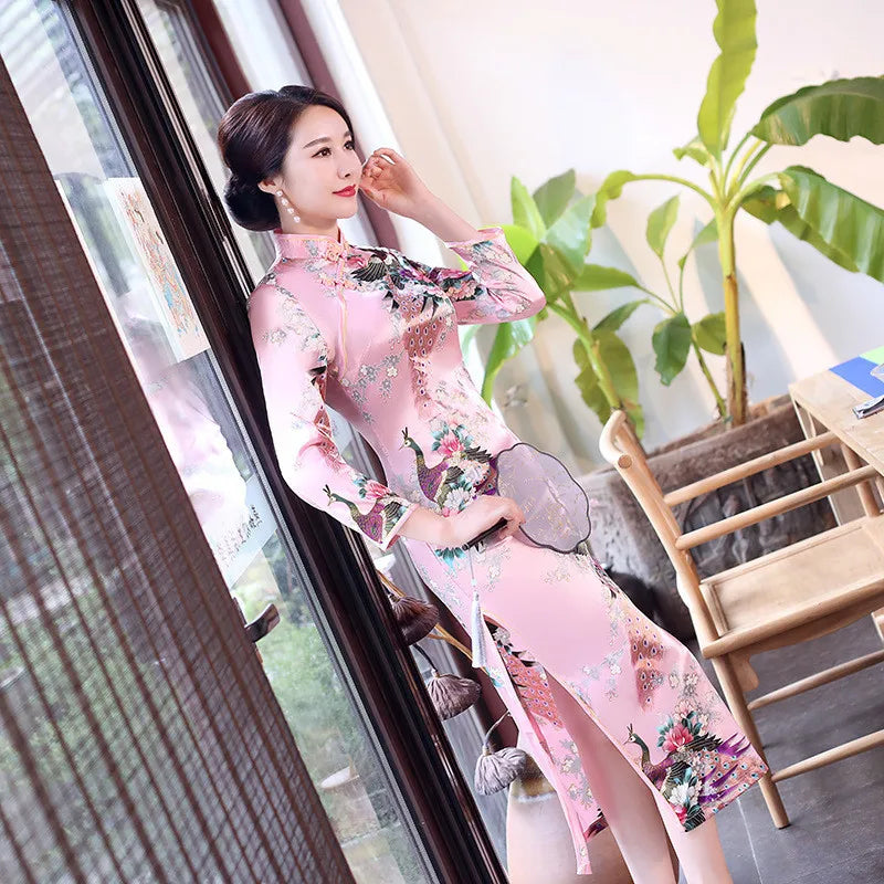 Spring Autumn New Cheongsam Chinese Women Flower&Peacock Qipao Long Sleeve Vestidos Vintage Female Evening Wedding Dress S-3XL - Seprincess