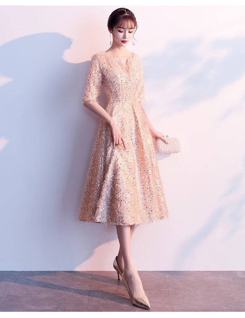 weiyin Robe De Soriee Elegant Gold Evening Dress Lace Half Sleeves A-line Evening Dresses Banquet Party Formal Prom Dress WY1156 - Seprincess