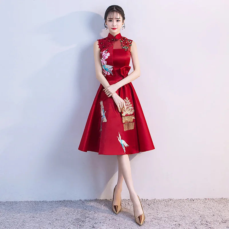 Buegundy Embroidery Oriental Style Banquet Dresses Chinese Vintage Traditional Wedding Cheongsam Elegant Evening Party Gowns - Seprincess