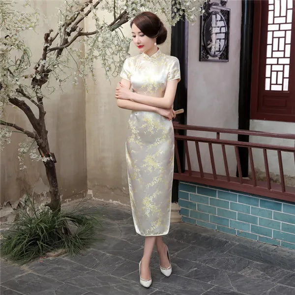 Red Chinese Women Dress Vintage Satin Qipao Sexy Long Slim Cheongsam Hot Sale Flower Dress Size S M XL XXL 3X4XL 5XL 6XL JA13 - Seprincess