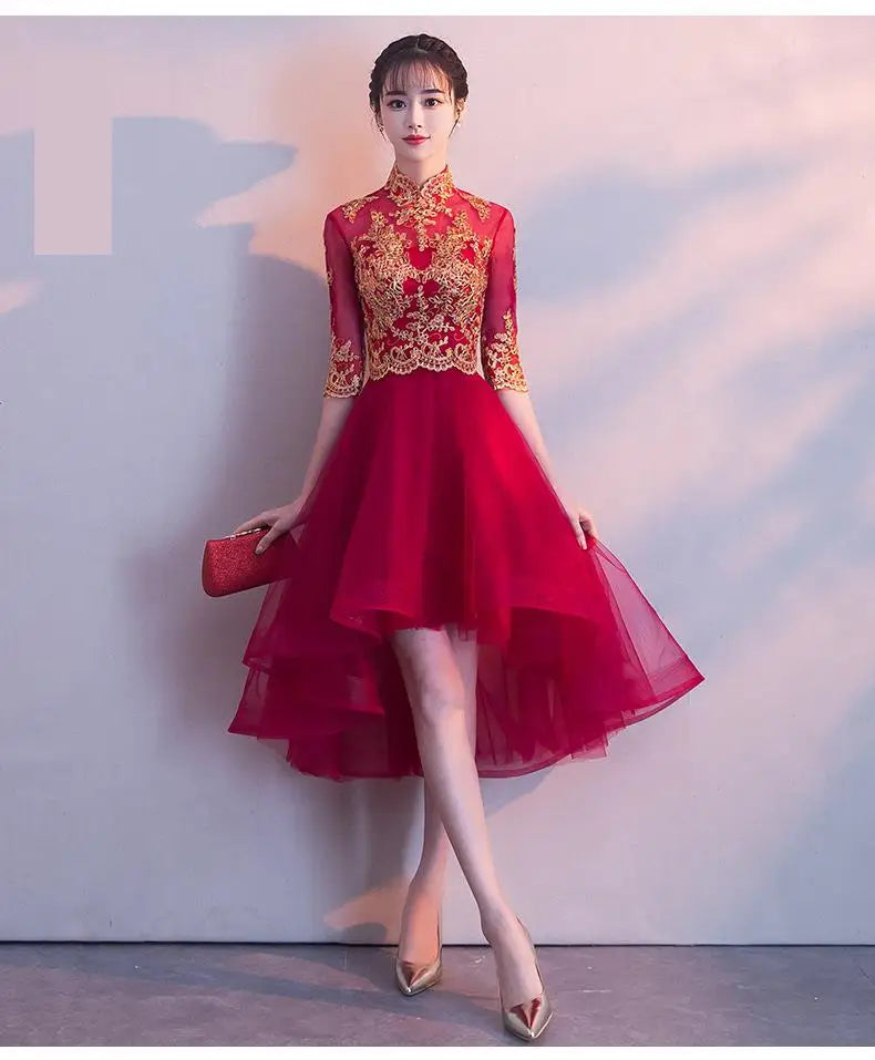 Novelty Chinese Female Long Qipao Marriage Clothes RED Oriental Bride Wedding Dress Elegant Slim Mandarin Collar Cheongsam - Seprincess