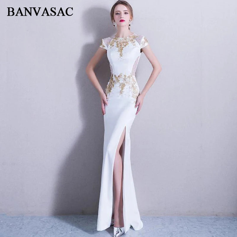 BANVASAC 2020 Crystal O Neck Gold Lace Appliques Split Mermaid Long Evening Dresses Party Short Cap Sleeve Prom Gowns - Seprincess