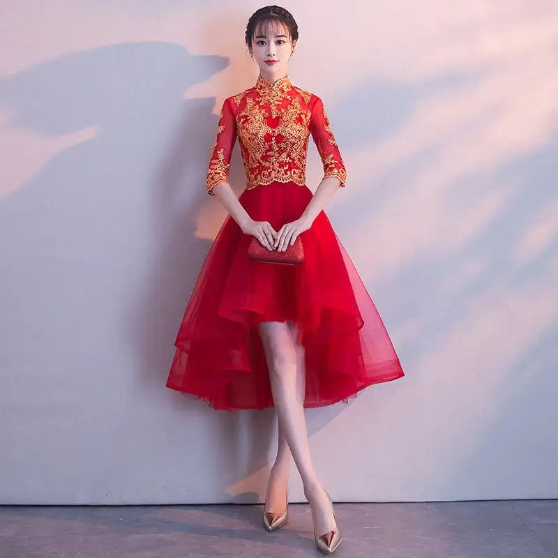 Novelty Chinese Female Long Qipao Marriage Clothes RED Oriental Bride Wedding Dress Elegant Slim Mandarin Collar Cheongsam