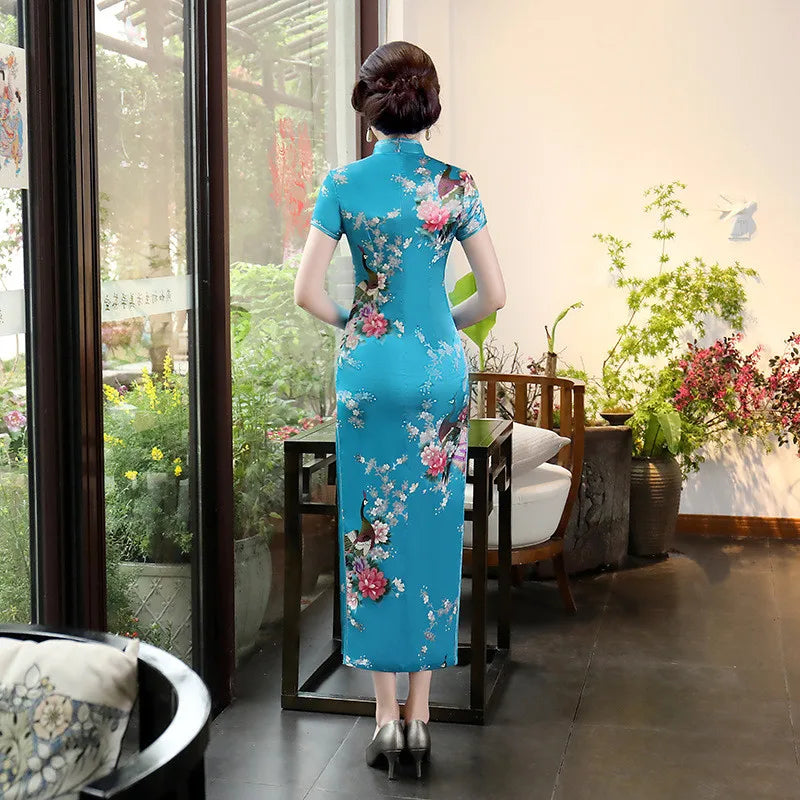 Spring Autumn New Cheongsam Chinese Women Flower&Peacock Qipao Long Sleeve Vestidos Vintage Female Evening Wedding Dress S-3XL