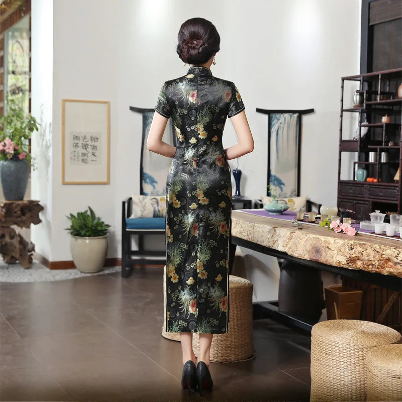 2021 New High Fashion Green Rayon Cheongsam Chinese Classic Women's Qipao Elegant Short Sleeve Novelty Long Dress S-3XL C0136-D - Seprincess