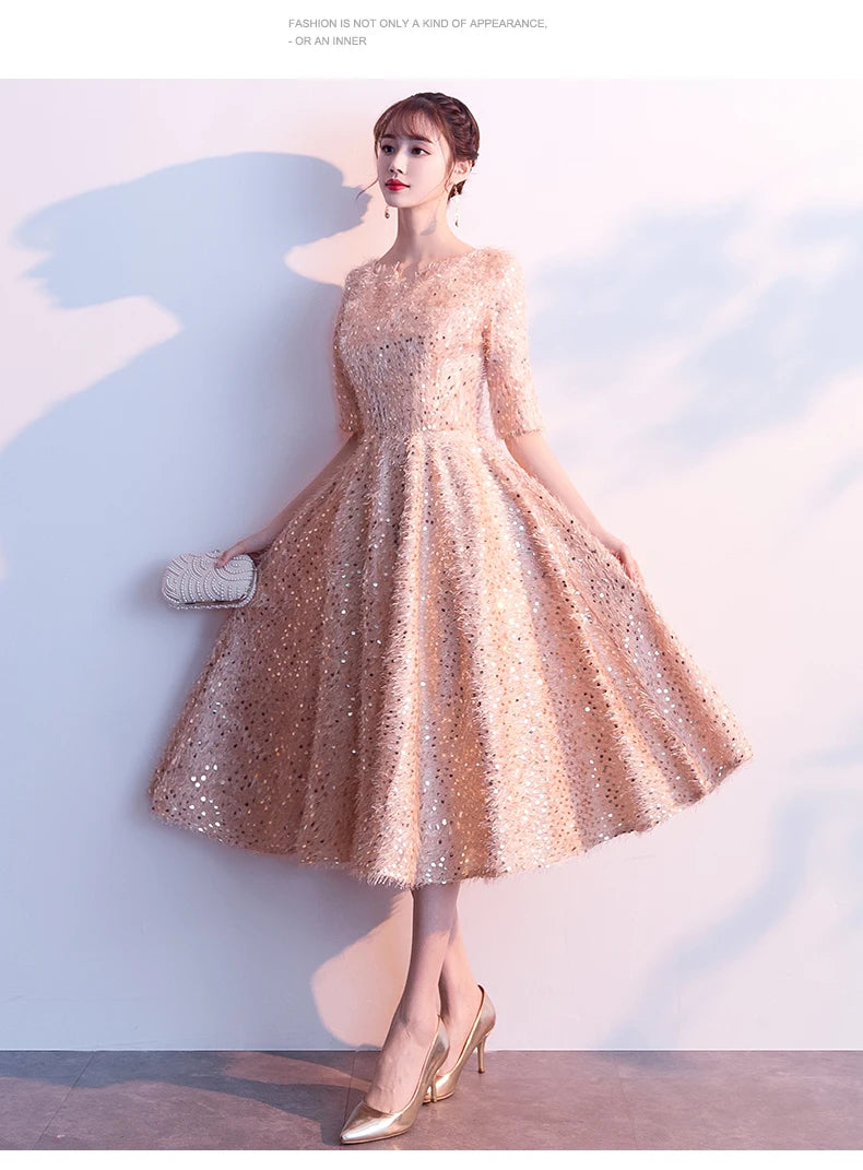 weiyin Robe De Soriee Elegant Gold Evening Dress Lace Half Sleeves A-line Evening Dresses Banquet Party Formal Prom Dress WY1156 - Seprincess