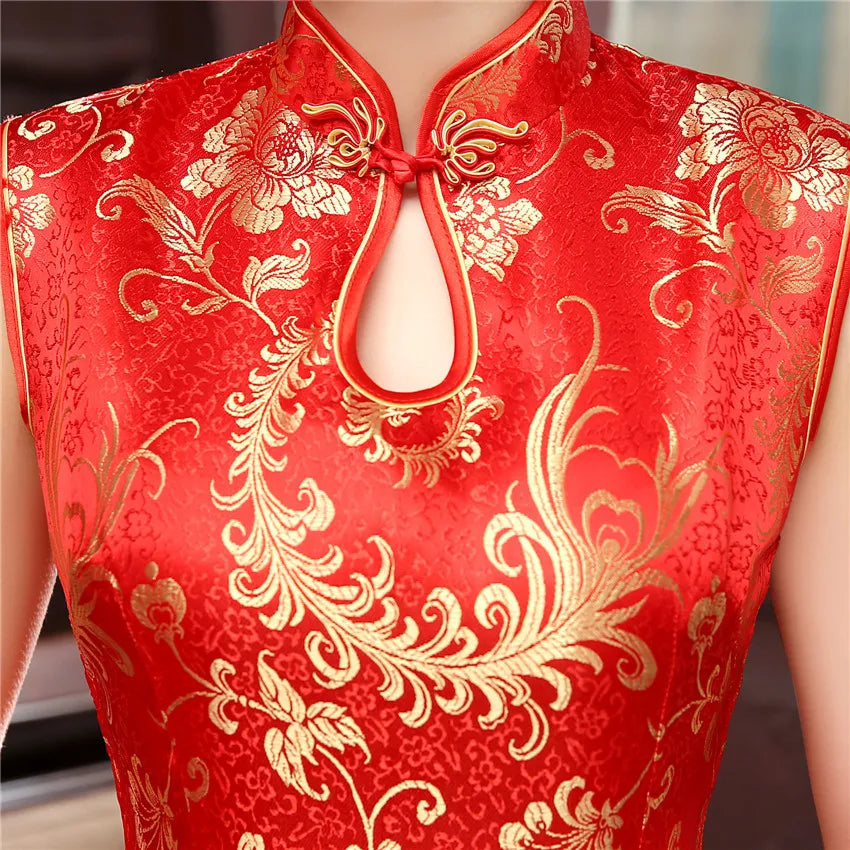 Elegant Red Wedding Dress Traditional Chinese Women Satin Sleeveless Cheongsam Vintage Long Dresses Sexy Slim Qipao Vestidos - Seprincess