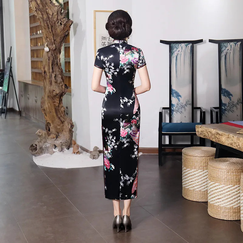 Spring Autumn New Cheongsam Chinese Women Flower&Peacock Qipao Long Sleeve Vestidos Vintage Female Evening Wedding Dress S-3XL