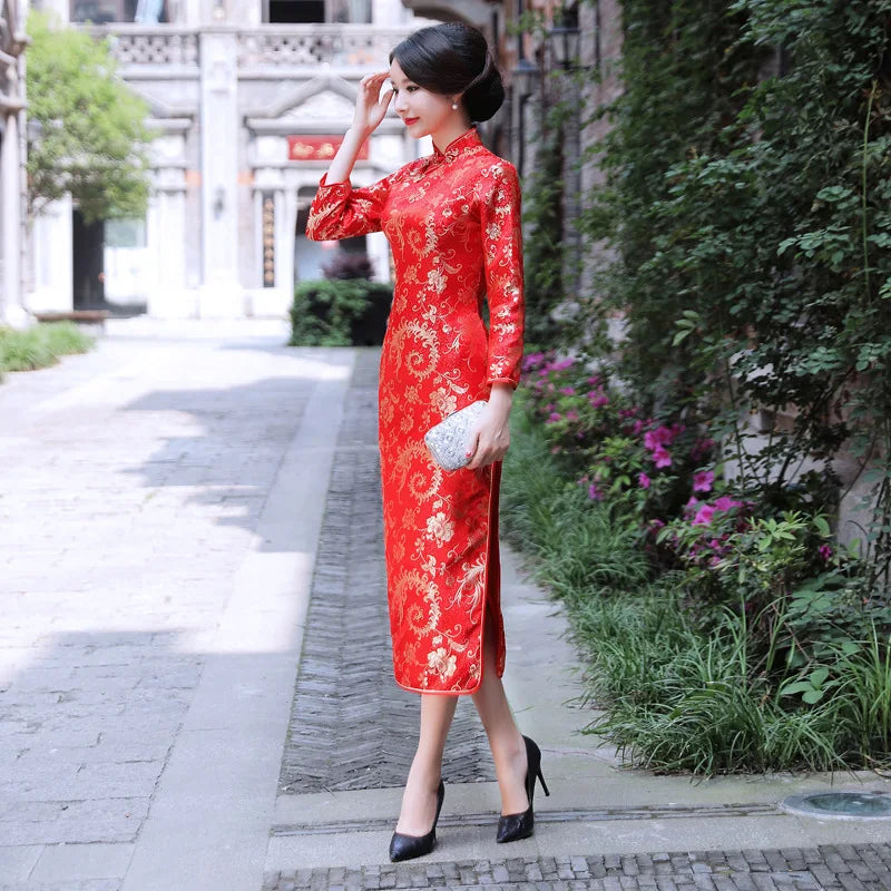 Elegant Red Wedding Dress Traditional Chinese Women Satin Sleeveless Cheongsam Vintage Long Dresses Sexy Slim Qipao Vestidos - Seprincess