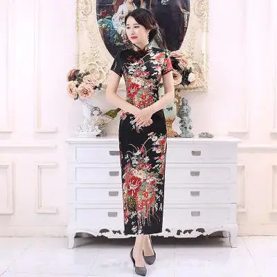 Plus Size 6XL Chinese Women Cheongsam Lady Qipao BLACK Print Flower Long Dress Bride Wedding Dresses Elegant Gown Vestidos