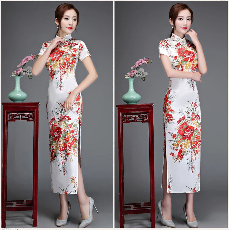 Old Shanghai Elegant Women Satin Qipao Slim 3/4 Sleeve Long Dress New Traditional Chinese Mandarin Collar Cheongsam Vestidos - Seprincess