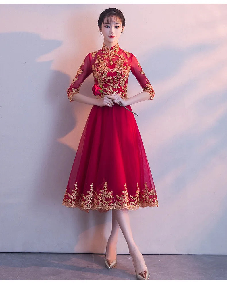 Novelty Chinese Female Long Qipao Marriage Clothes RED Oriental Bride Wedding Dress Elegant Slim Mandarin Collar Cheongsam - Seprincess