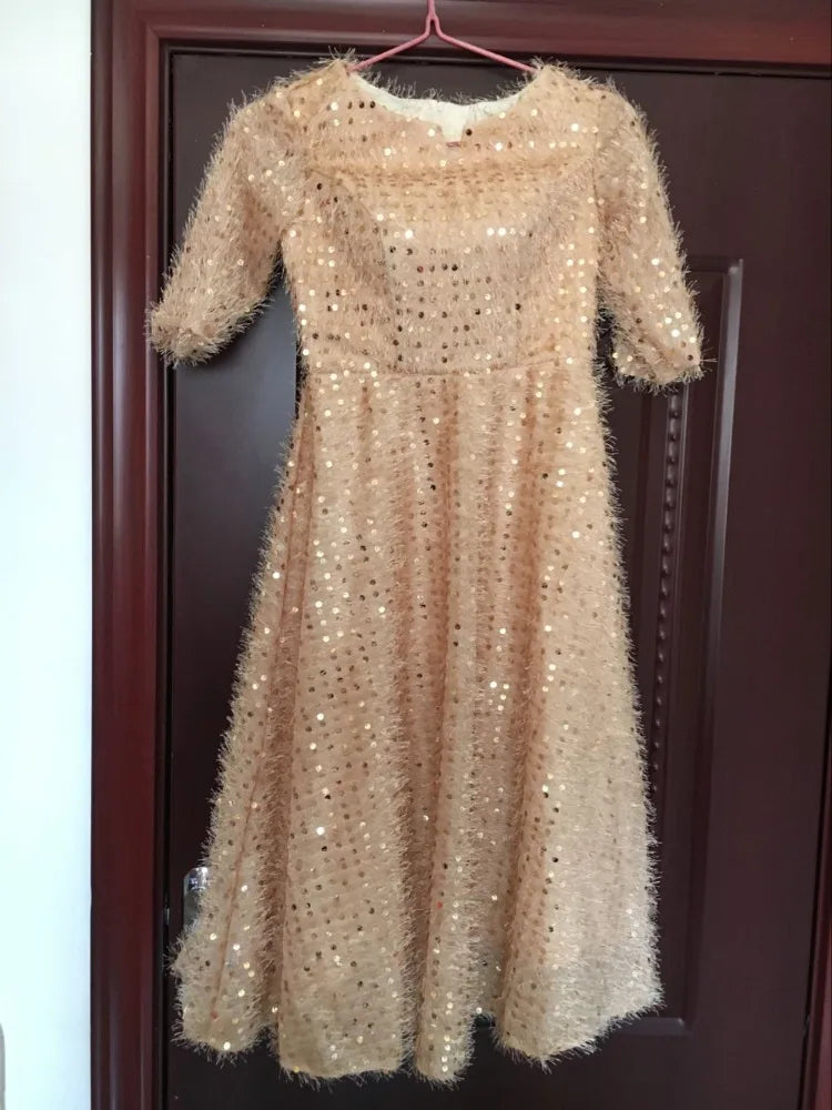 weiyin Robe De Soriee Elegant Gold Evening Dress Lace Half Sleeves A-line Evening Dresses Banquet Party Formal Prom Dress WY1156 - Seprincess