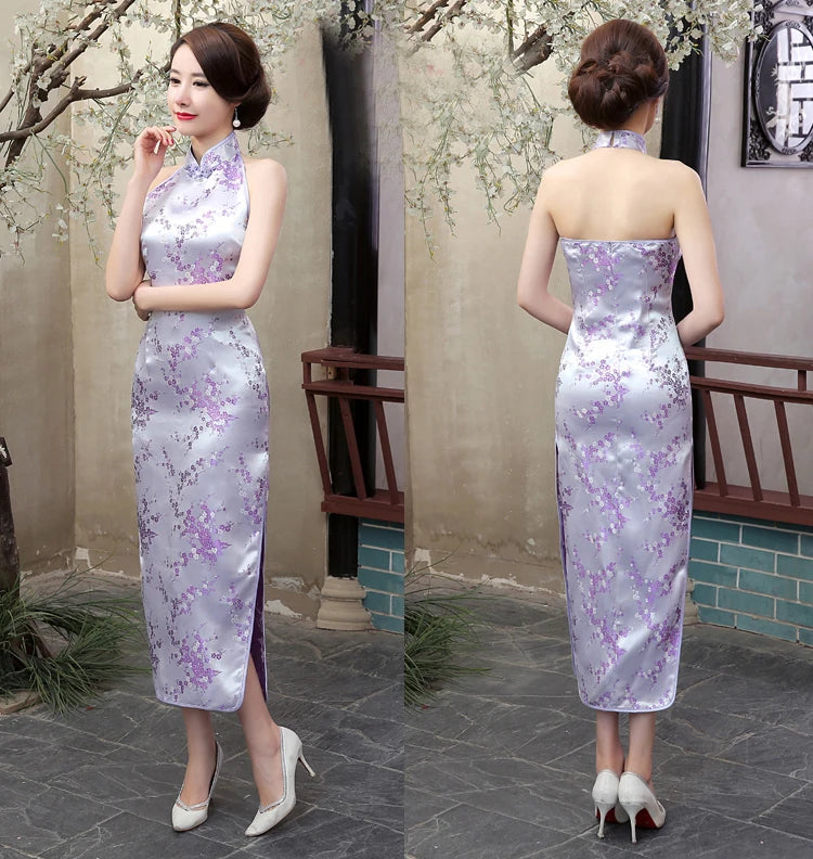 Navy Blue Vintage Lady Satin Evening Dress Chinese Novelty Backless Cheongsam Qipao Flower Size S M L XL XXL XXXL - Seprincess