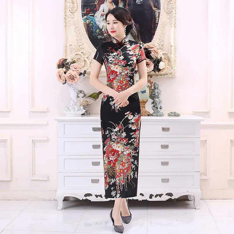 Plus Size 6XL Chinese Women Cheongsam Lady Qipao BLACK Print Flower Long Dress Bride Wedding Dresses Elegant Gown Vestidos - Seprincess