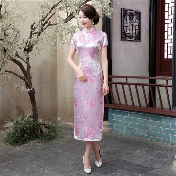 Red Chinese Women Dress Vintage Satin Qipao Sexy Long Slim Cheongsam Hot Sale Flower Dress Size S M XL XXL 3X4XL 5XL 6XL JA13