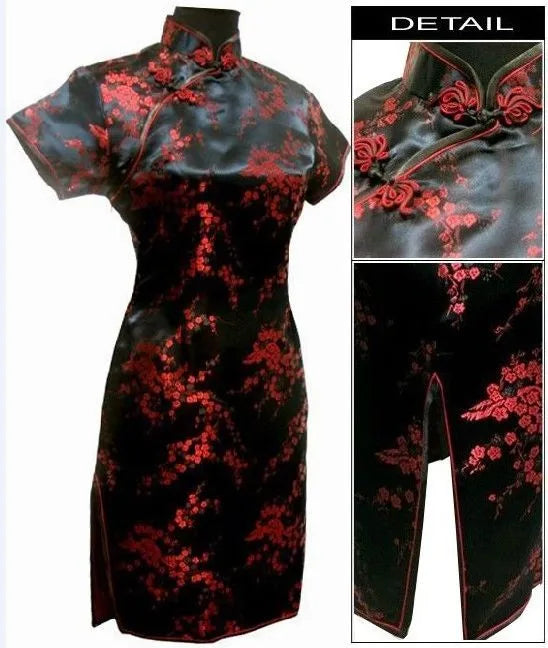 Black Traditional Chinese Dress Mujer Vestido Women's Satin Qipao Mini Cheongsam Flower Size S M L XL XXL XXXL 4XL 5XL 6XL J4039 - Seprincess