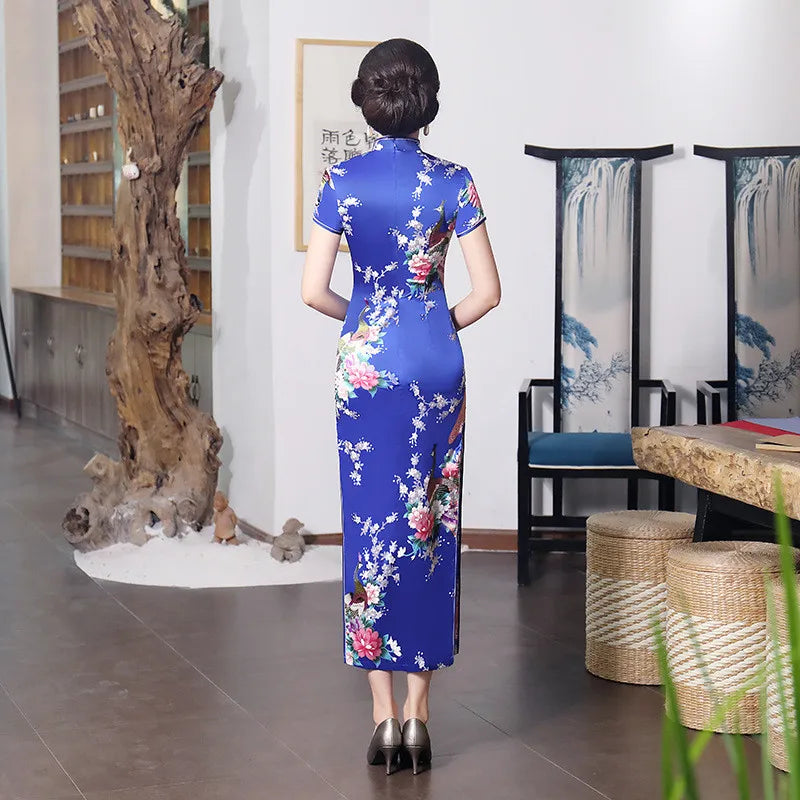 Spring Autumn New Cheongsam Chinese Women Flower&Peacock Qipao Long Sleeve Vestidos Vintage Female Evening Wedding Dress S-3XL