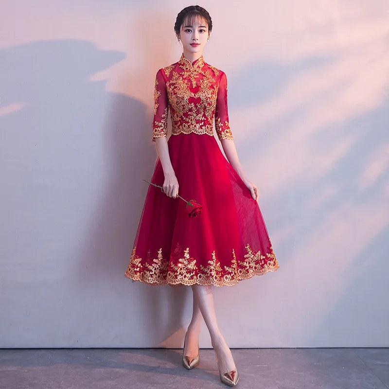 Novelty Chinese Female Long Qipao Marriage Clothes RED Oriental Bride Wedding Dress Elegant Slim Mandarin Collar Cheongsam - Seprincess