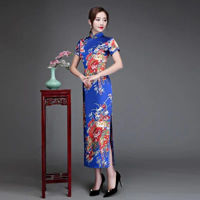 Old Shanghai Elegant Women Satin Qipao Slim 3/4 Sleeve Long Dress New Traditional Chinese Mandarin Collar Cheongsam Vestidos - Seprincess