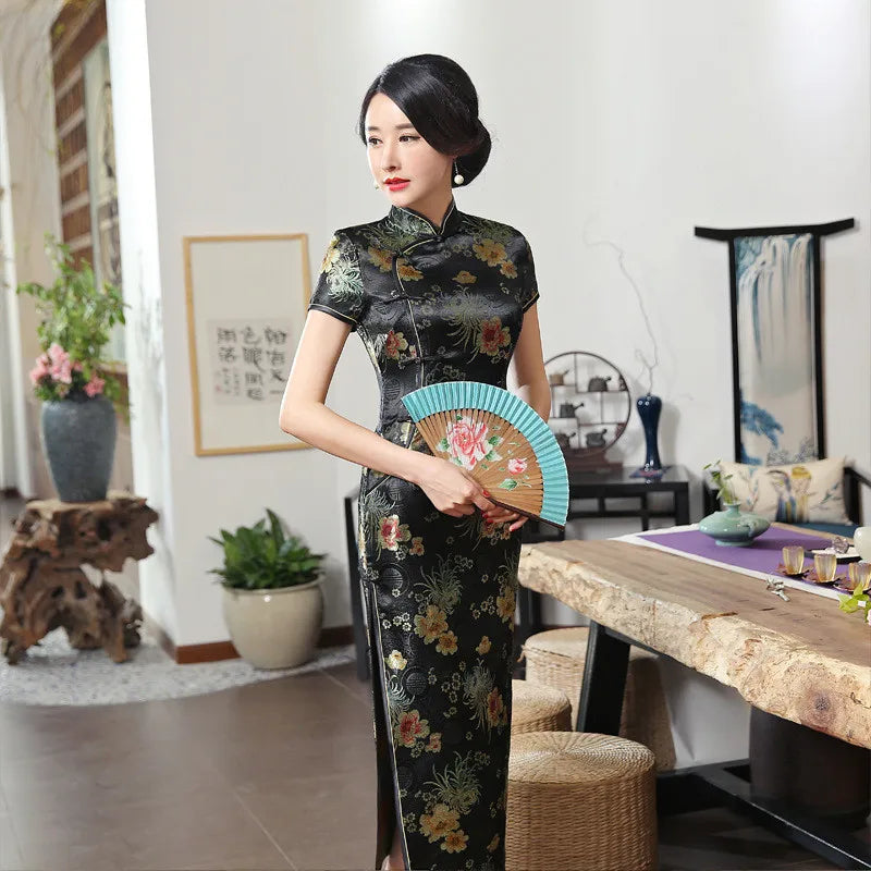 2021 New High Fashion Green Rayon Cheongsam Chinese Classic Women's Qipao Elegant Short Sleeve Novelty Long Dress S-3XL C0136-D - Seprincess