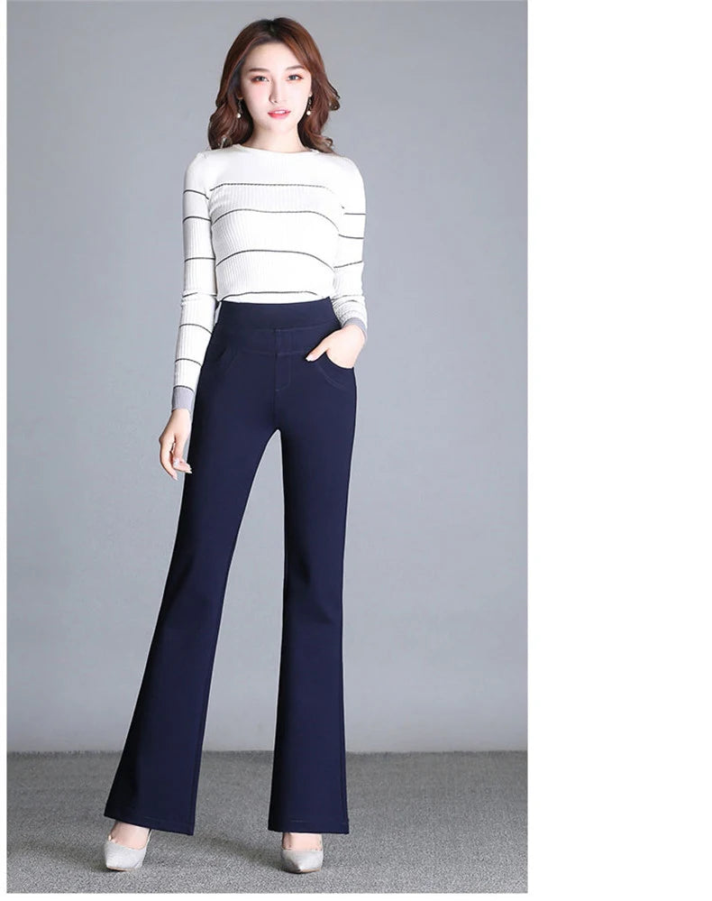 New Women's Autumn Spring Tight Flare Pants Red High Waist  Blue Elastic Band Trousers Fashion Casual Stretch Pants 6XL