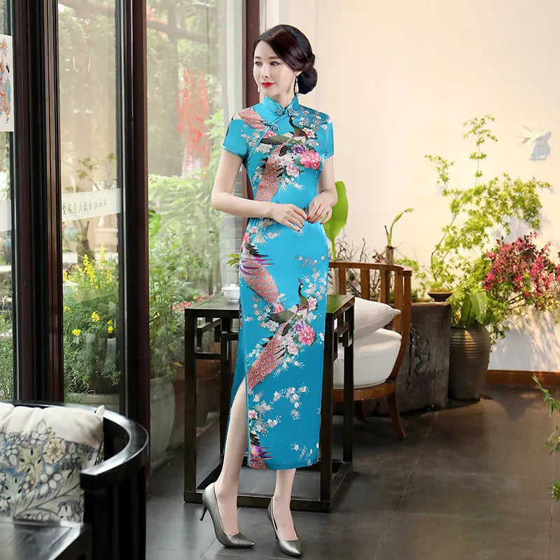 Spring Autumn New Cheongsam Chinese Women Flower&Peacock Qipao Long Sleeve Vestidos Vintage Female Evening Wedding Dress S-3XL