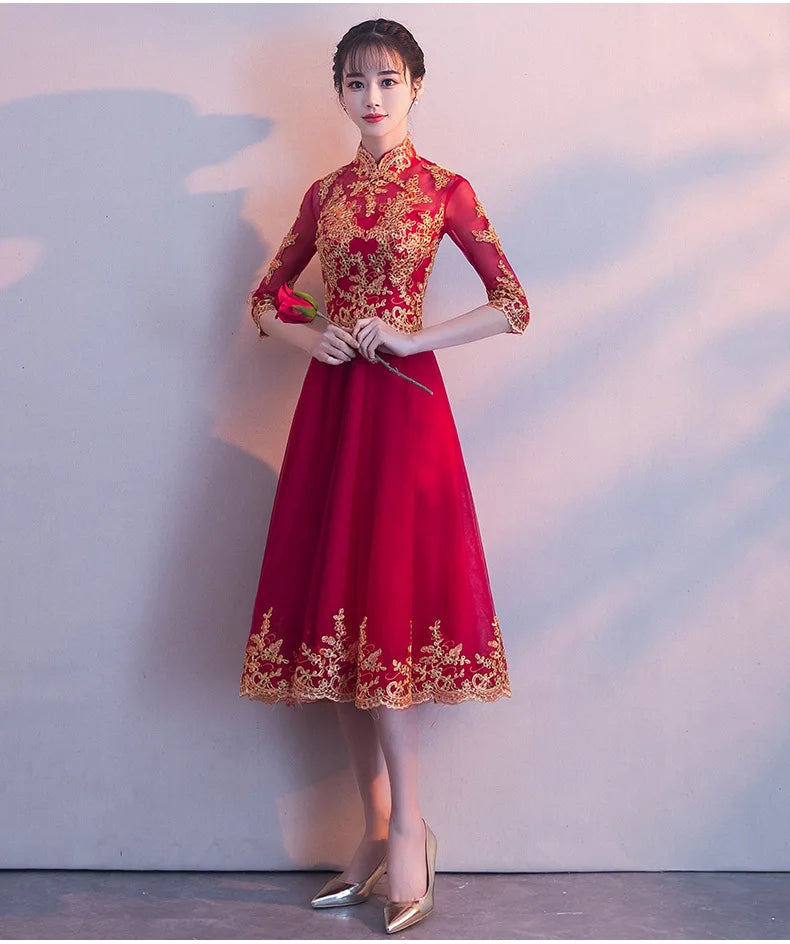 Novelty Chinese Female Long Qipao Marriage Clothes RED Oriental Bride Wedding Dress Elegant Slim Mandarin Collar Cheongsam - Seprincess