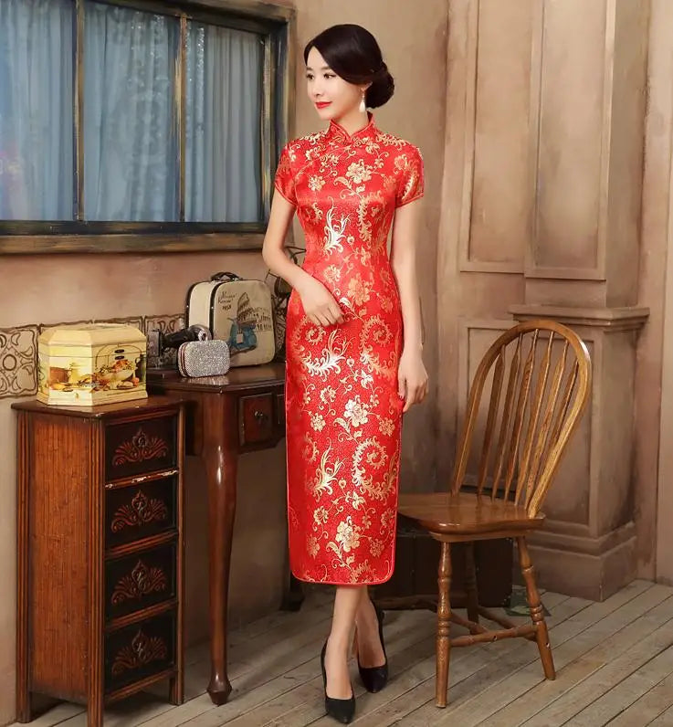 Elegant Red Wedding Dress Traditional Chinese Women Satin Sleeveless Cheongsam Vintage Long Dresses Sexy Slim Qipao Vestidos - Seprincess