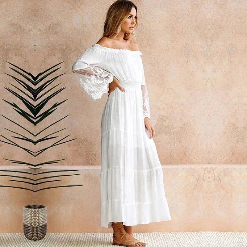 TEELYNN boho dress white sexy off the shoulder beach sundress Flare long sleeve splice lace women dresses summer vestidos - Seprincess