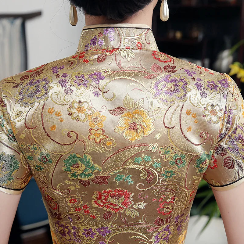 High Quality Gold Sexy Satin Mandarin Collar National Tight Cheongsam Short Sleeve Novelty Print  Long Dress S-3XL C0002 - Seprincess