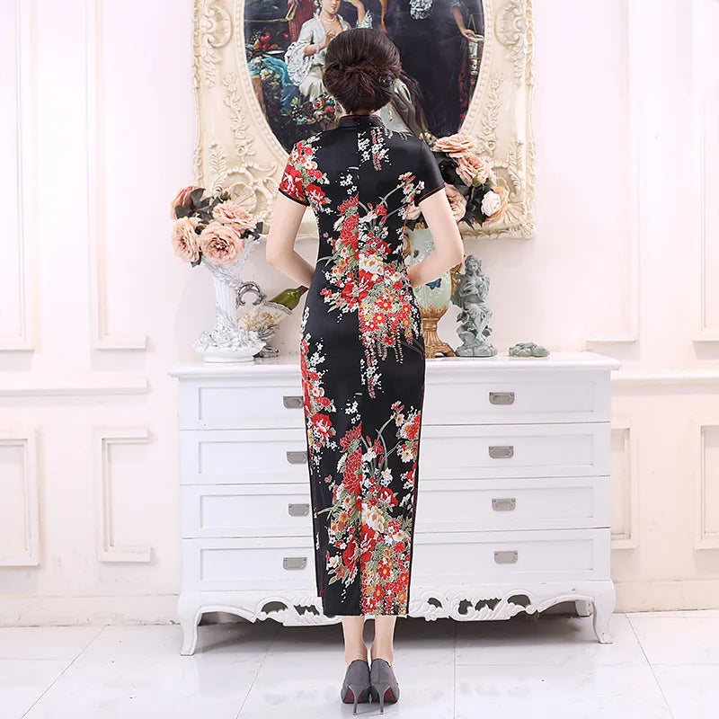 Plus Size 6XL Chinese Women Cheongsam Lady Qipao BLACK Print Flower Long Dress Bride Wedding Dresses Elegant Gown Vestidos - Seprincess