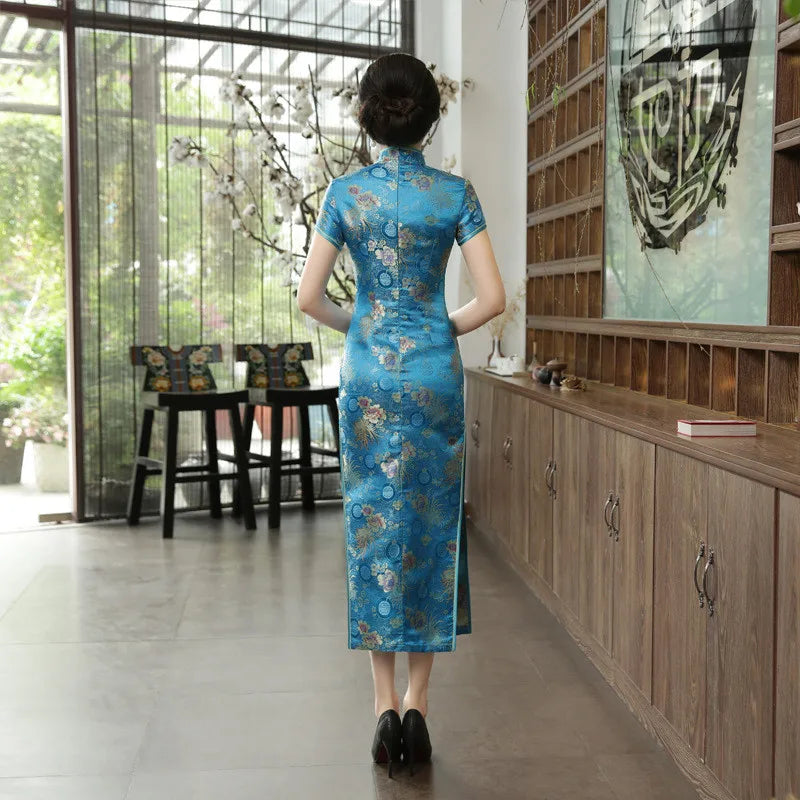 2021 New High Fashion Green Rayon Cheongsam Chinese Classic Women's Qipao Elegant Short Sleeve Novelty Long Dress S-3XL C0136-D - Seprincess