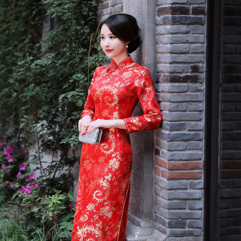 Elegant Red Wedding Dress Traditional Chinese Women Satin Sleeveless Cheongsam Vintage Long Dresses Sexy Slim Qipao Vestidos - Seprincess