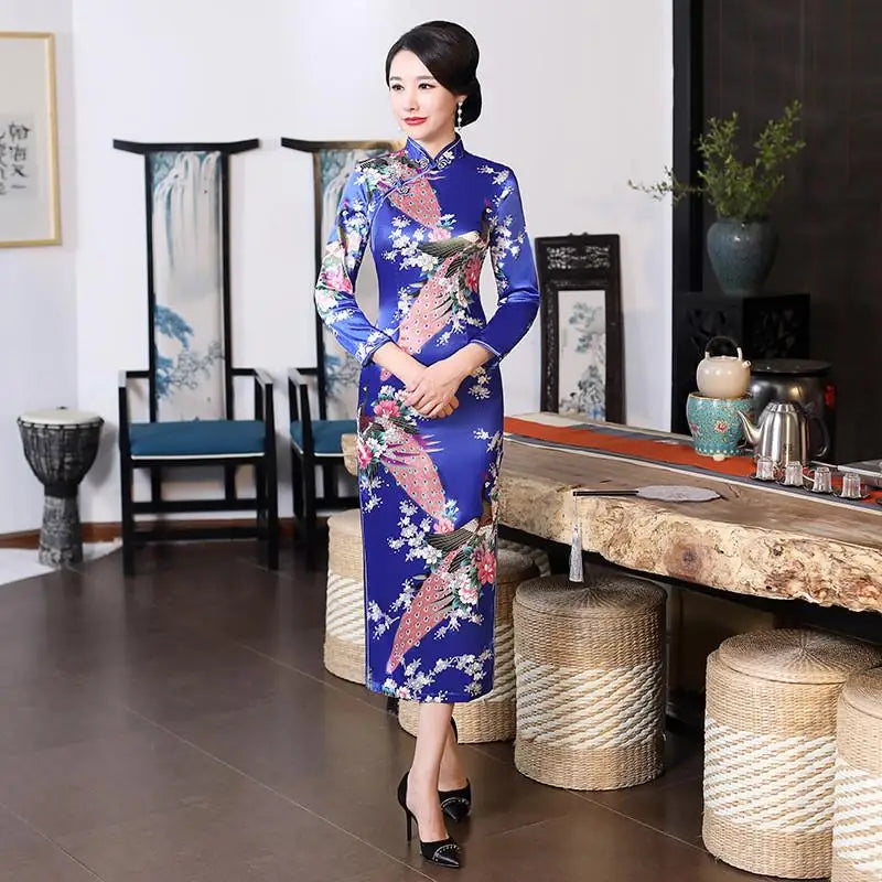 Spring Autumn New Cheongsam Chinese Women Flower&Peacock Qipao Long Sleeve Vestidos Vintage Female Evening Wedding Dress S-3XL