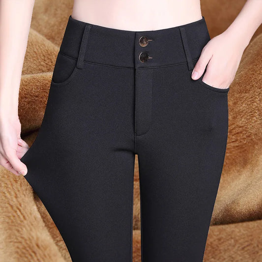 Winter Velvet Thick Warm Pants For Women Skinny Stretch Fleece Pencil Pants High Waist Solid Black Blue Trousers Female