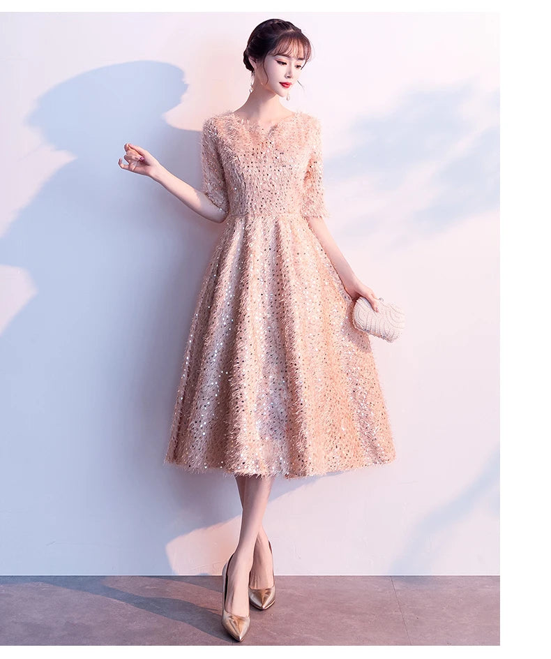 weiyin Robe De Soriee Elegant Gold Evening Dress Lace Half Sleeves A-line Evening Dresses Banquet Party Formal Prom Dress WY1156 - Seprincess