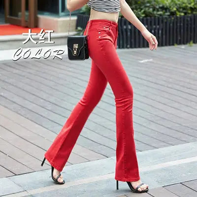 Women's White 80% Cotton Flare Denim Pants Mom's Fomal Skinny Stretch Jeans Trend Candy Color Slim Cowboy Trousers OL Pantalones